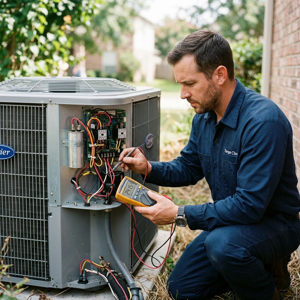 Technicien effectuant la maintenance d'une unité de climatisation